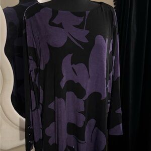 Chicos Travelers Black and Purple Floral Top